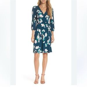 (B4) Eliza J Turquoise floral wrap dress stretchy, Size 14.